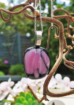 'Fluid Pink on Black Glass Pendant' by Magpie Moments