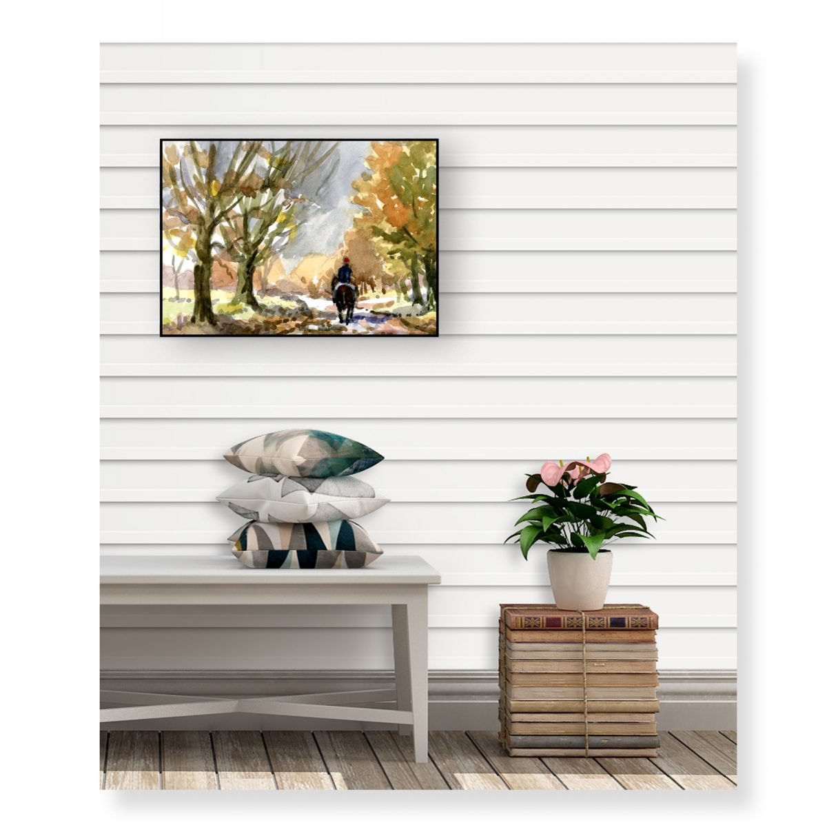 'Horse rider, Rivington' by Colin Callon Framed Canvas art print Room set.