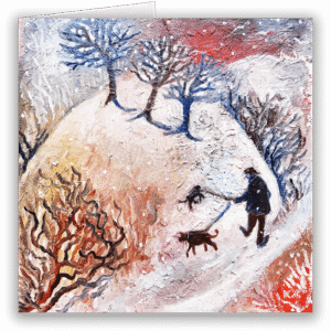 Man With Two Dogs by Kate Collins. A fine art Christmas Card