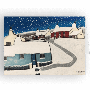 Snow Over Welsh Cottages, Abereiddy. Lynda Griffiths. Framed fine art print.
