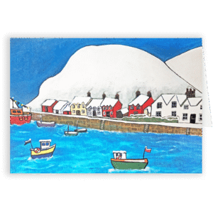 A Snowy Fishguard. Fine art card by Lynda Griffiths