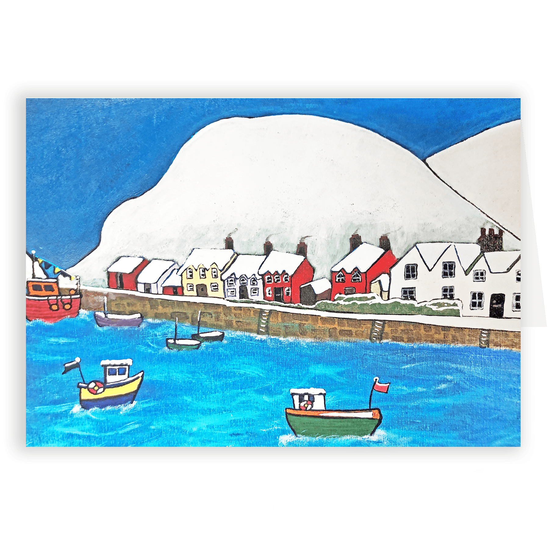 A Snowy Fishguard. Fine art card by Lynda Griffiths