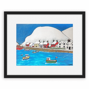 Snowy Fishguard. Framed fine art print by Lynda Griffiths