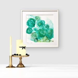 Green Rose Bouquet. An original painting by Fatemeh Farahani on wall