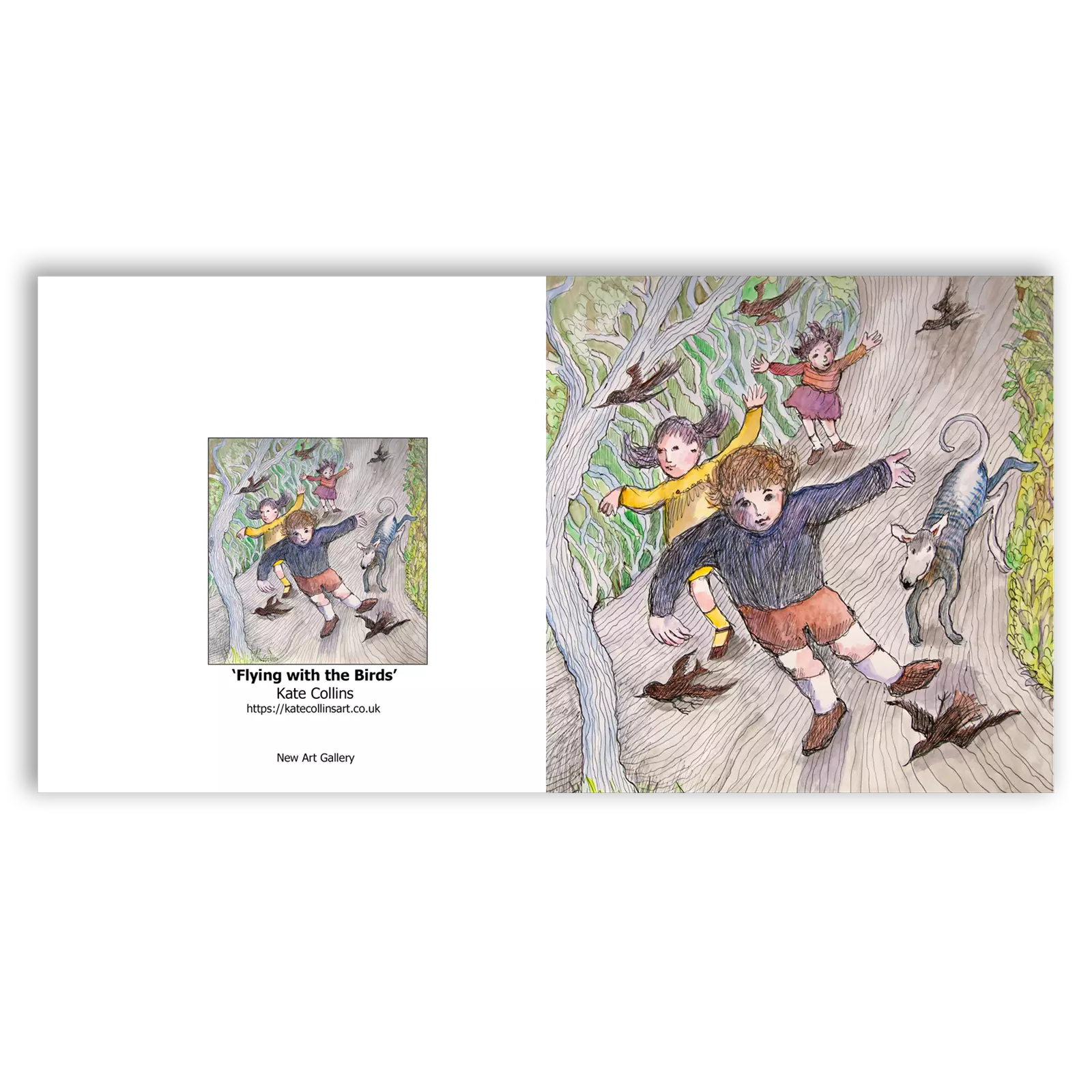 'Flying with the Birds', Kate Collins. Card front and back.