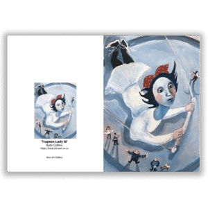 Trapeze Lady lll. An open greetings card by Kate Collins