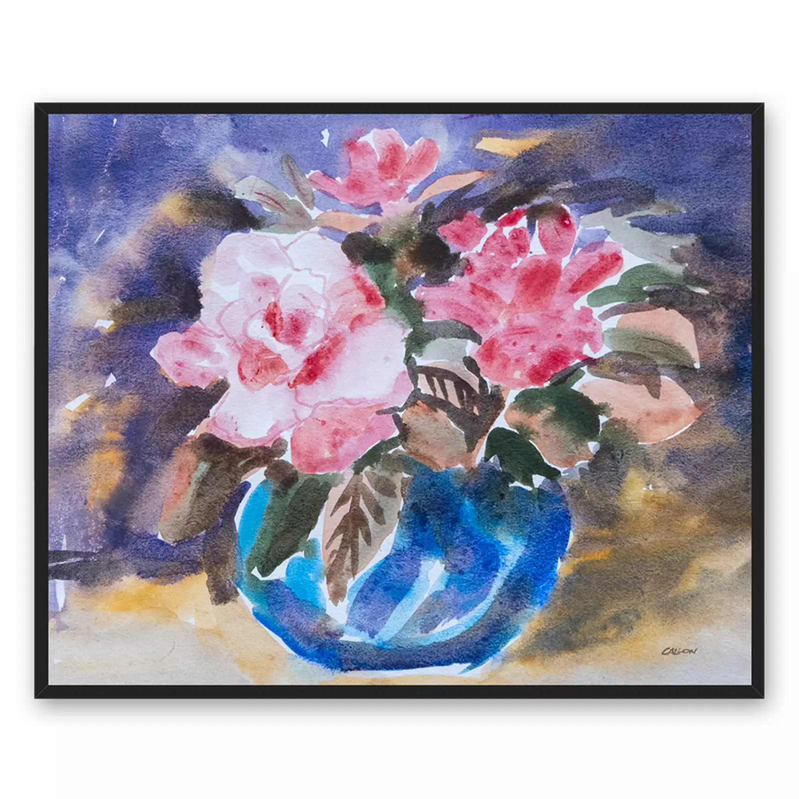 'Blue Vase', Colin Callon. Black framed canvas print.