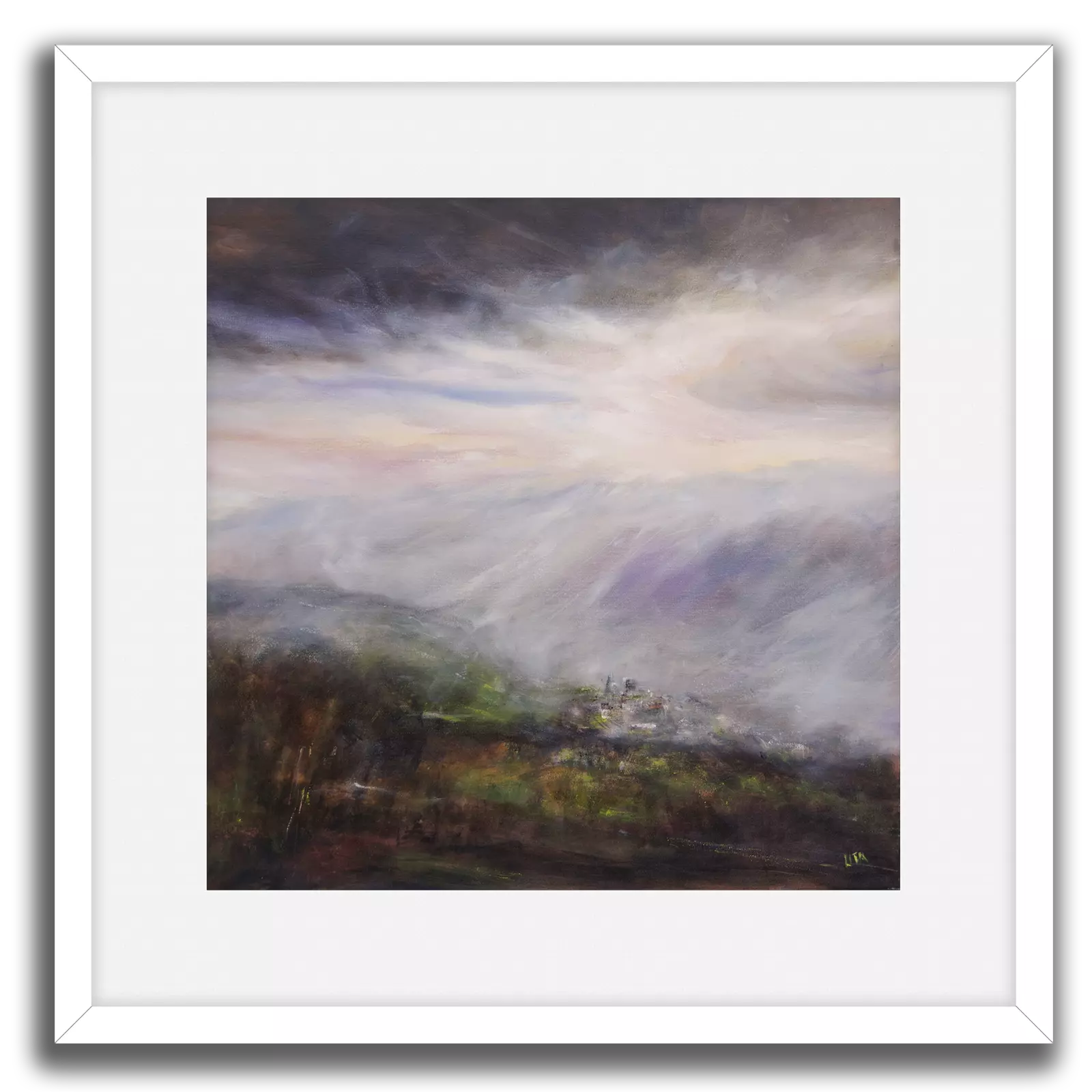 Mist Over Pendle. White framed fine art print