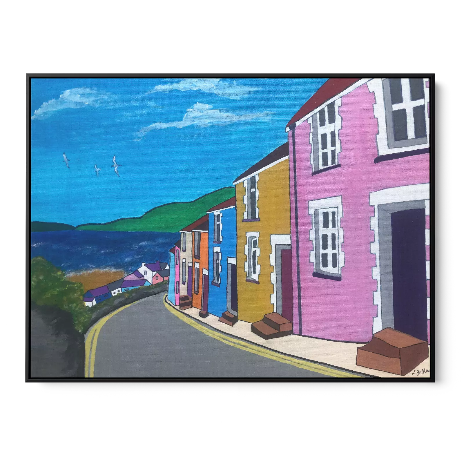 Fishermans Cottages, Mumbles by Lynda Griffiths. Black float frame.