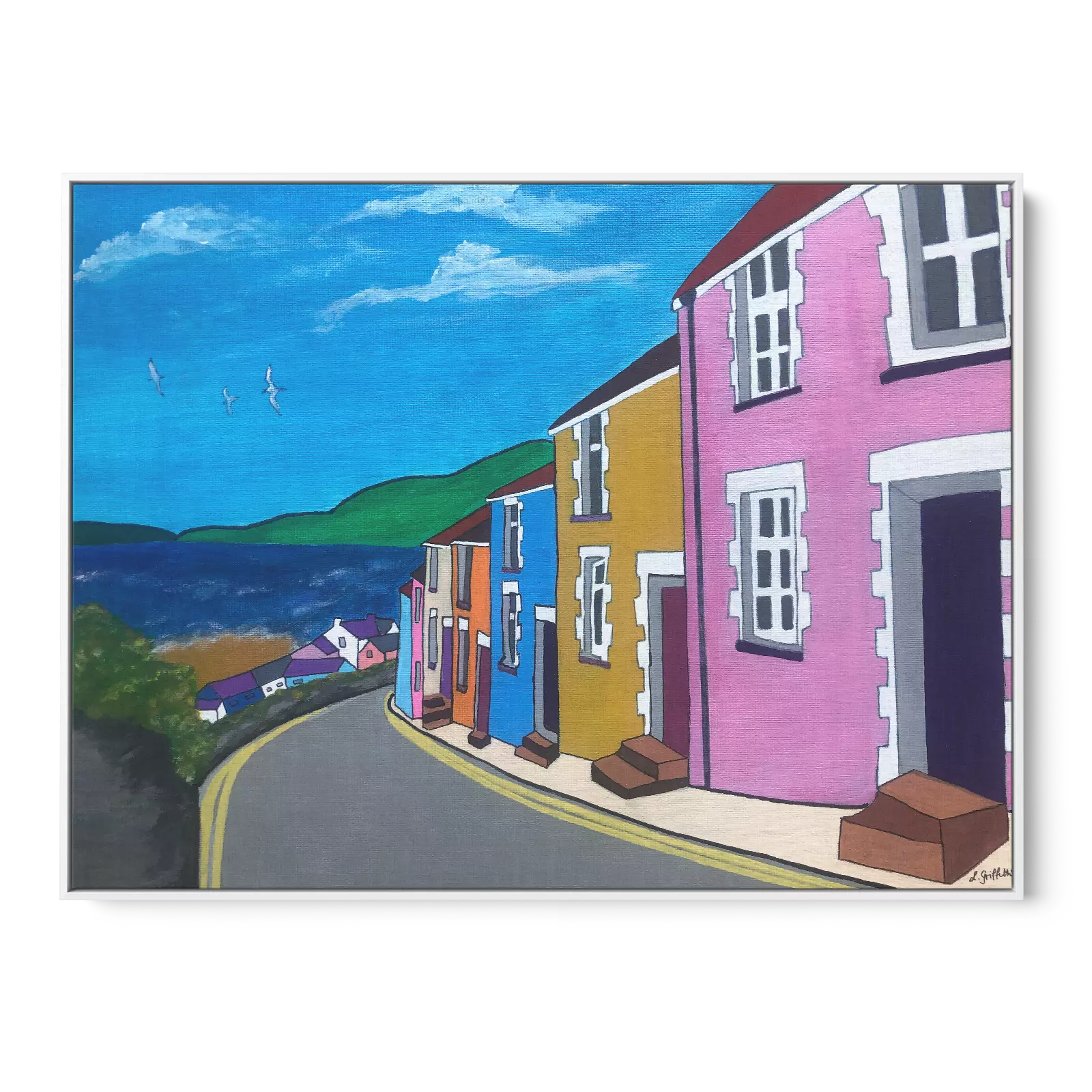 Fishermans Cottages, Mumbles by Lynda Griffiths. White float frame.