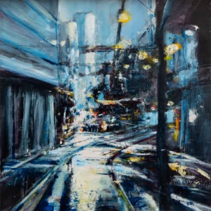 'Manchester Tram Lines'. A framed original painting by Lita Narayan
