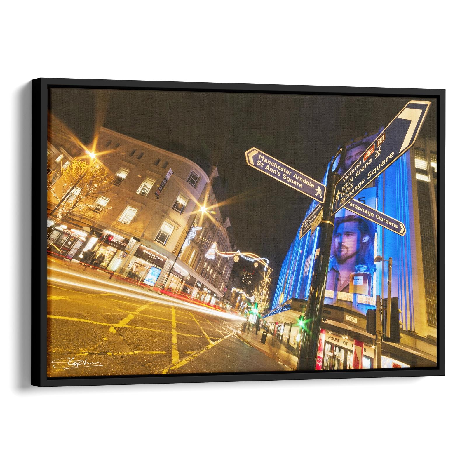 'Manchester Night-time', Stephen Knowles. Float framed canvas art print.