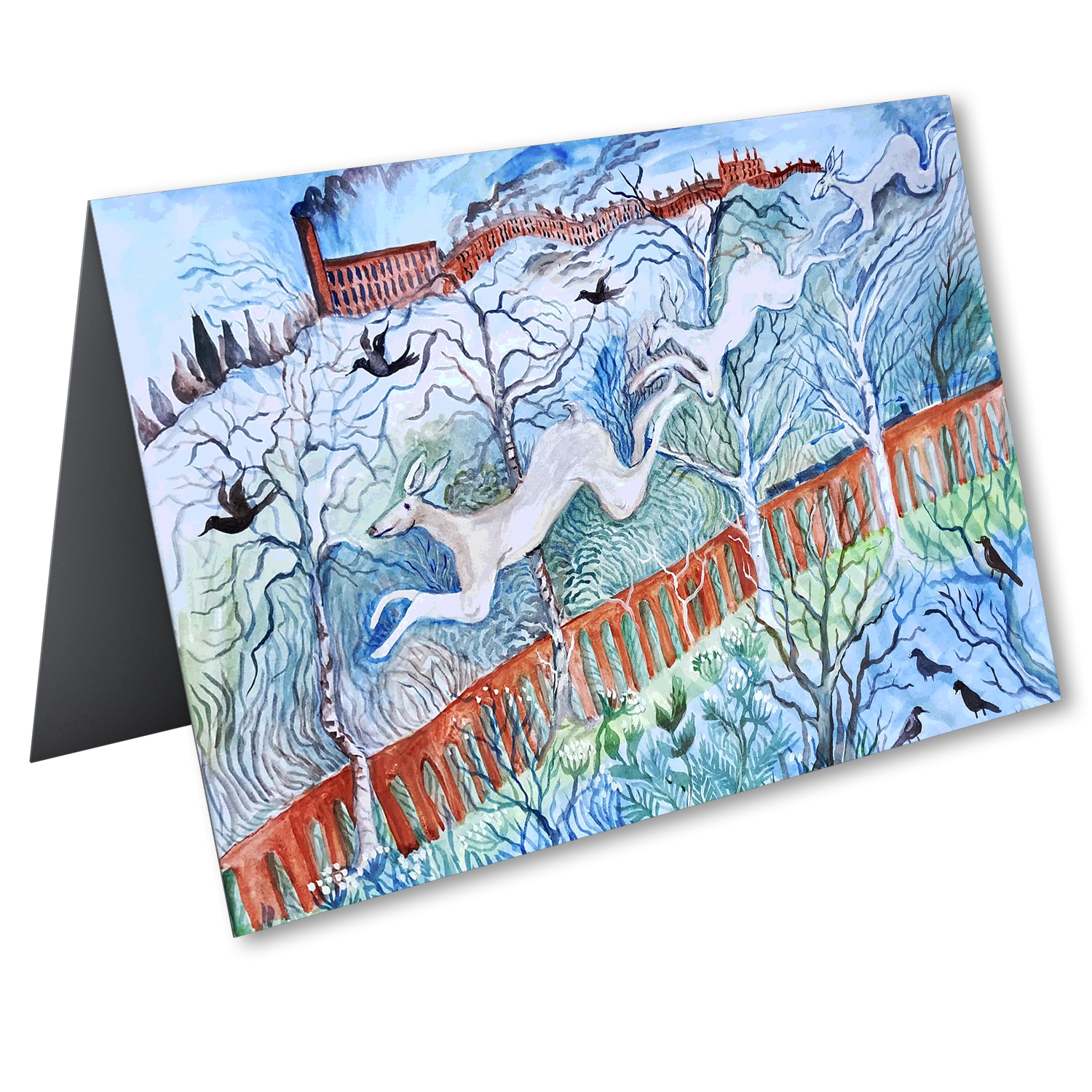 'Ghostly Hares in a Northern Scene'. An open art card by Kate Collins