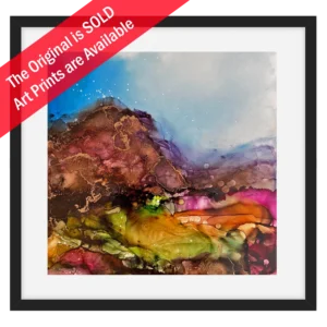 'Heather Mountains', Minu Achrekar. Black framed print. Sold Sticker.