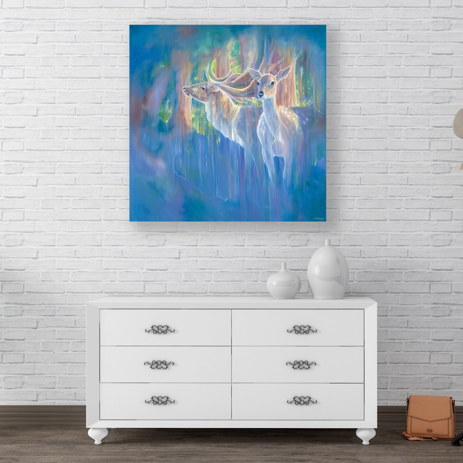 'Divine Monarchs in Blue'. An original painting by Gill Bustamante in room