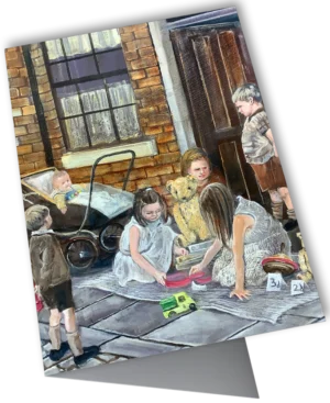 'The Jumble Sale'.Fine art card by Carole Pugh.