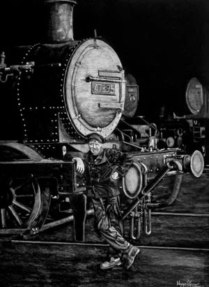 'The Last Engine Cleaner'. Art print by Nigel Gore.