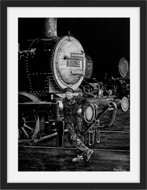 'The Last Engine Cleaner'. A framed original drawing by Nigel Gore.