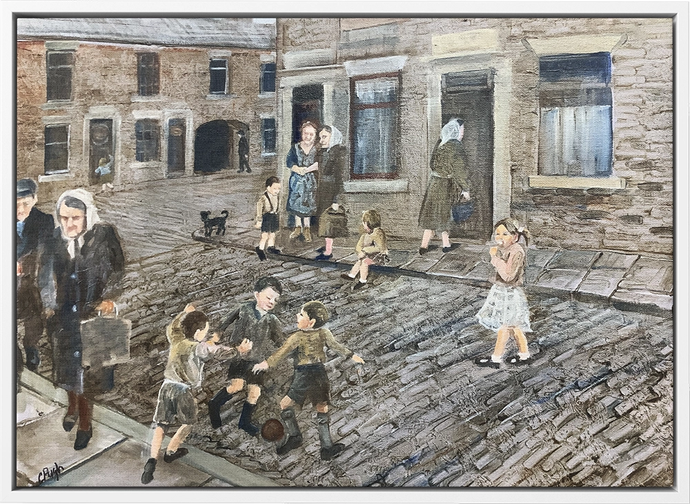'Neighbours'. A white framed canvas art print by Carole Pugh.