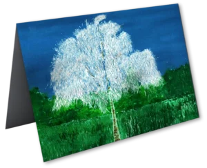 'Silver Birch'. An open greetings card by Andrew Fry.