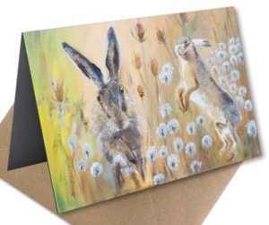 'Hares Run Free'. Art Card by Pamela Wakefield.