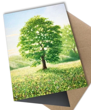 'Houghton Meadow with Trees', Mike Lord. Fine art greetings card.
