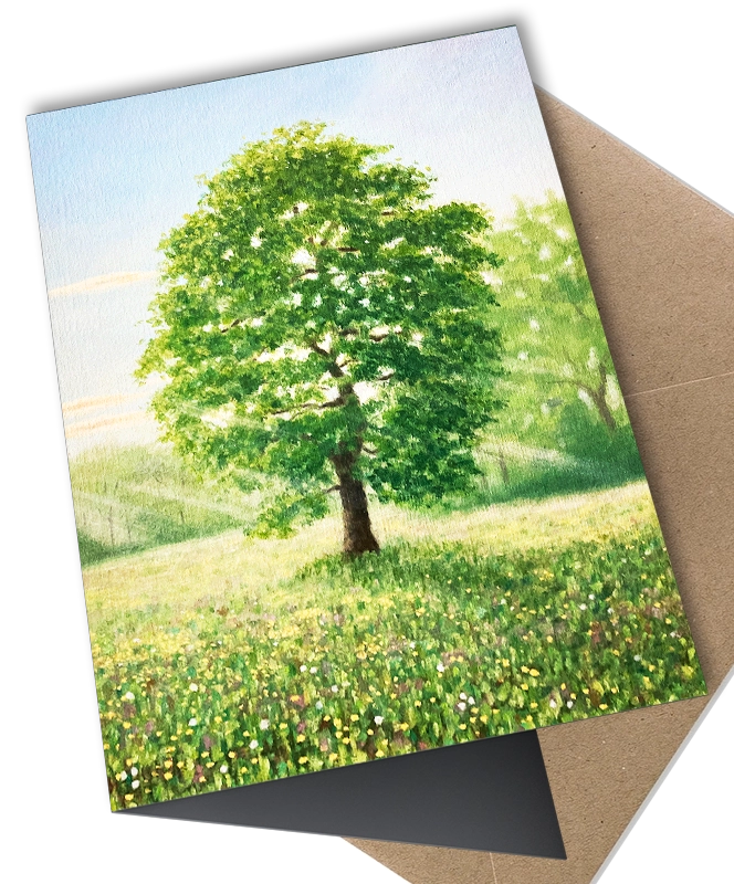 'Houghton Meadow with Trees', Mike Lord. Fine art greetings card.