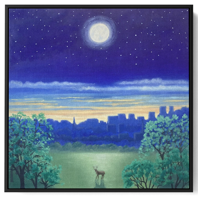 'Night in the City', Mike Lord. Black framed canvas art print.