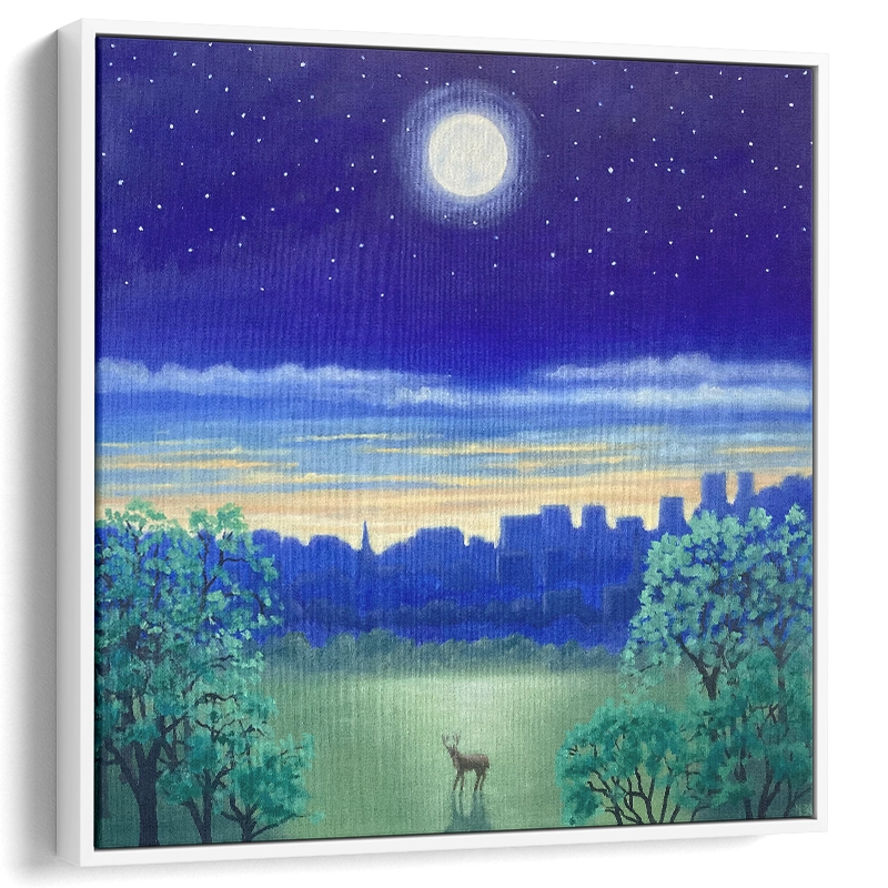 'Night in the City', Mike Lord. White framed canvas art print, angled.