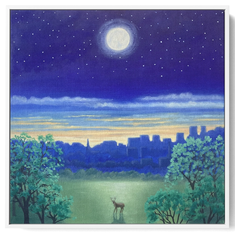 'Night in the City', Mike Lord. White framed canvas art print.