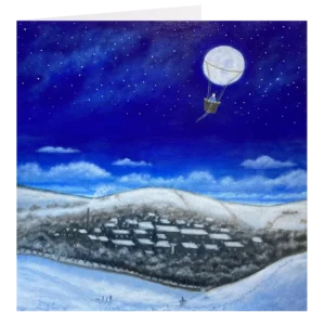 'The Moon Is A Balloon'. Open greetings card.