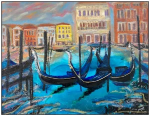 'Gondolas Resting at Dusk, Venice'. Art prints, art cards and canvas wall art by Minu Achrekar.
