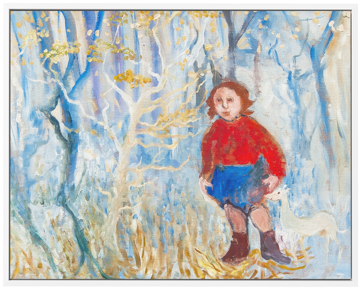 'Little Red Riding Hood' Kate Collins. White framed canvas print.