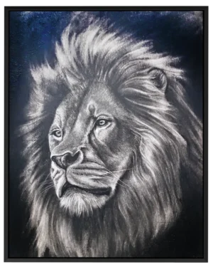'Lion'. Black float framed canvas wall art