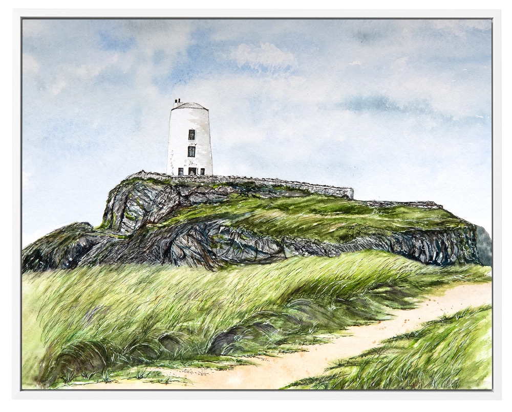'The Lighthouse'. White framed canvas art print.