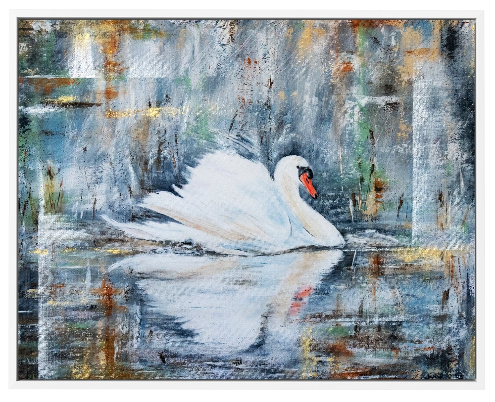 'Urban Reflections', White framed canvas art print.