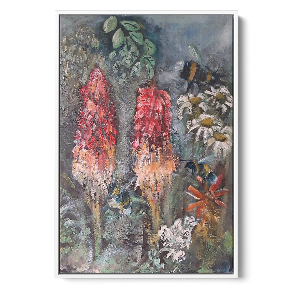 'Flowers and Bees' Pam Wakefield White Framed Canvas Artwork