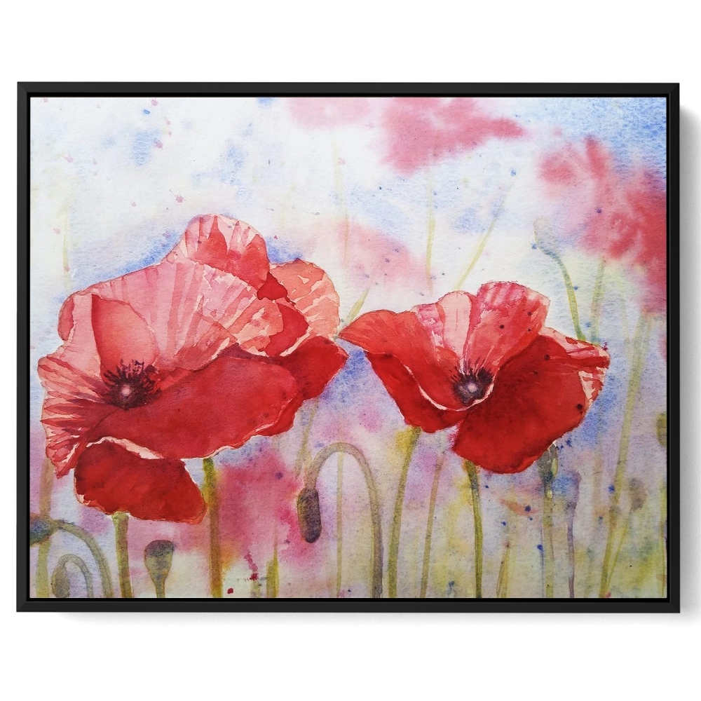 'Poppies in the Breeze' Pat Richardson Black Framed Canvas Artwork