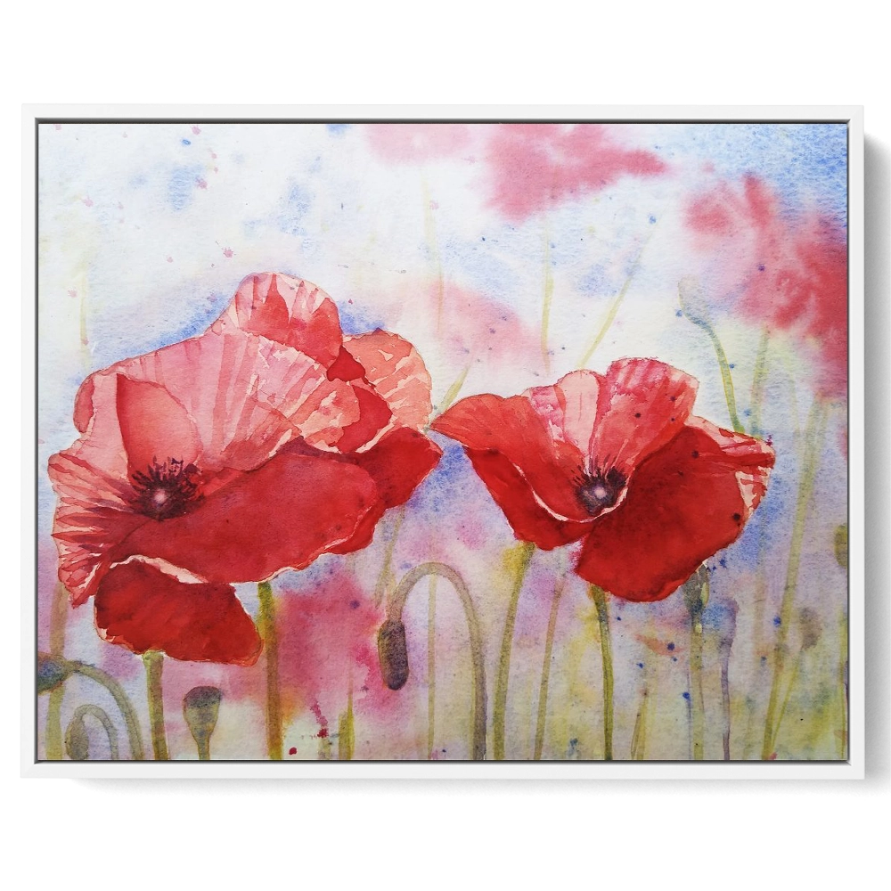 'Poppies in the Breeze' Pat Richardson White Framed Canvas Artwork